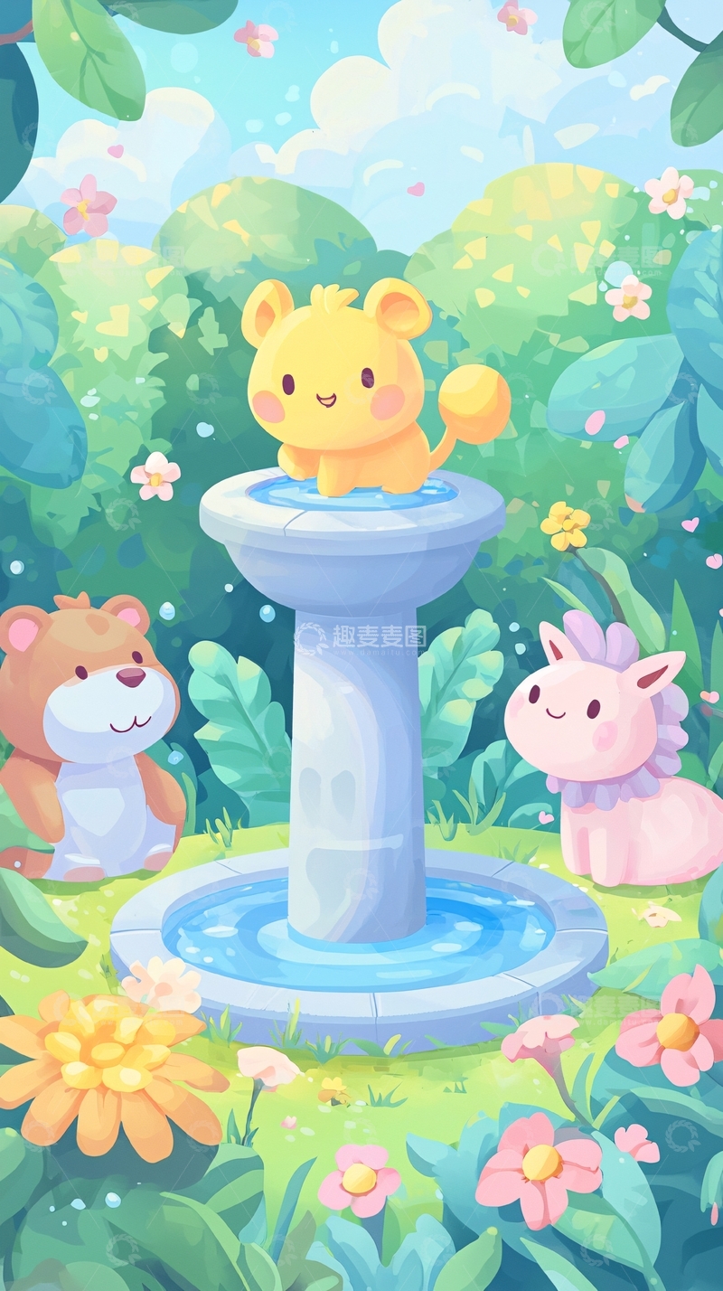 高清大图下载【趣麦麦图】可爱卡通动物花园喷泉