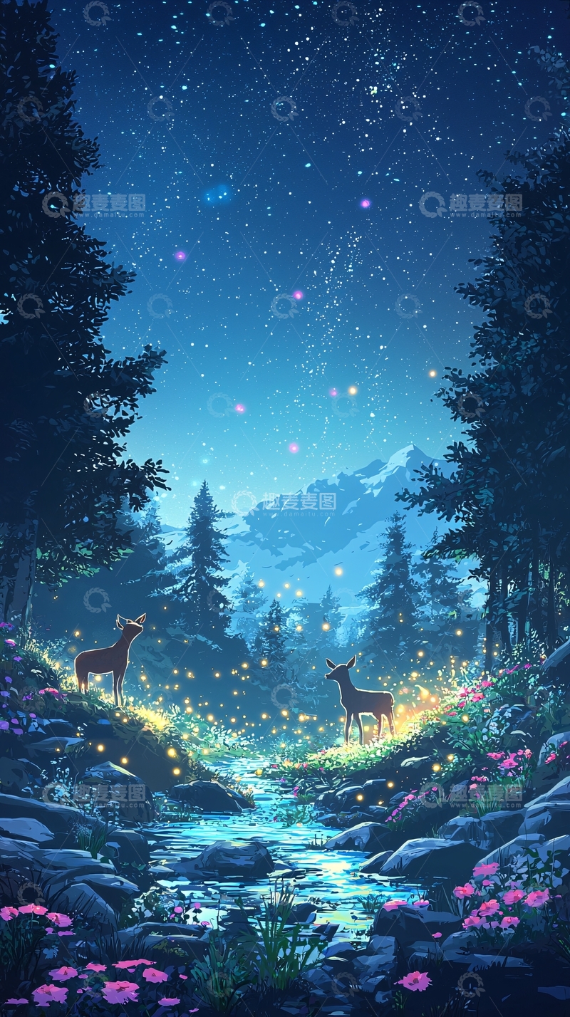 高清大图下载【趣麦麦图】星空下的森林小鹿