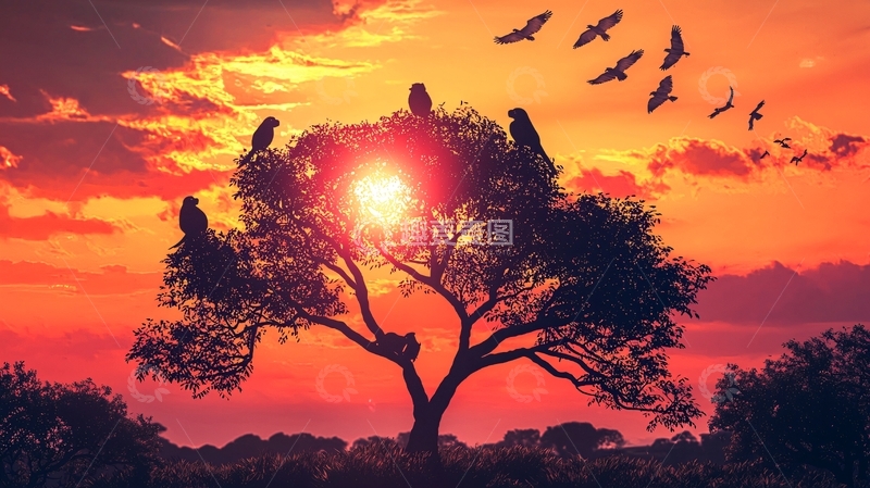 高清大图下载【趣麦麦图】夕阳下的树和鸟群