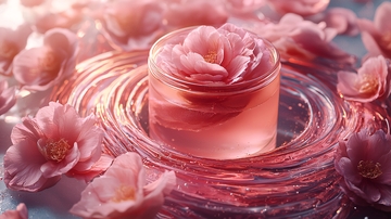 粉色花朵包围的护肤品