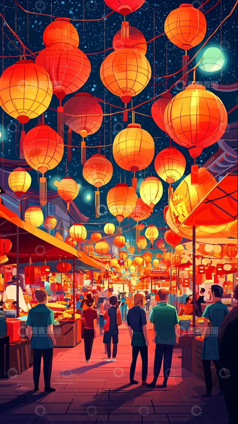 高清大图下载【趣麦麦图】夜市灯笼红灯笼