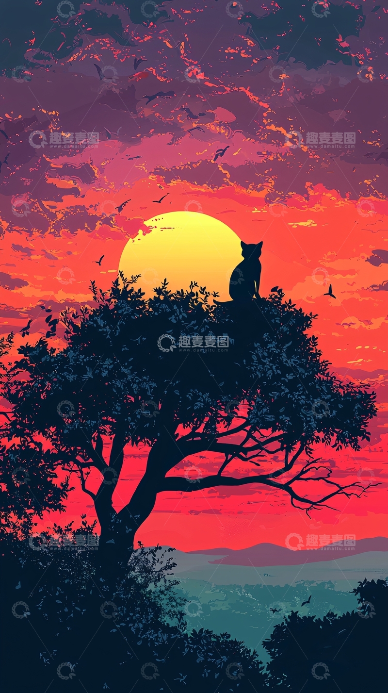 高清大图下载【趣麦麦图】日落剪影猫咪树