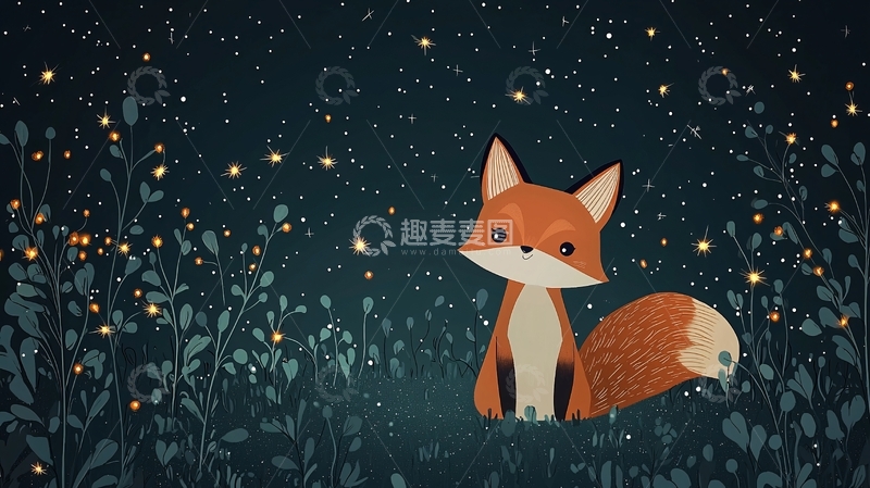 高清大图下载【趣麦麦图】夜晚森林里的小狐狸