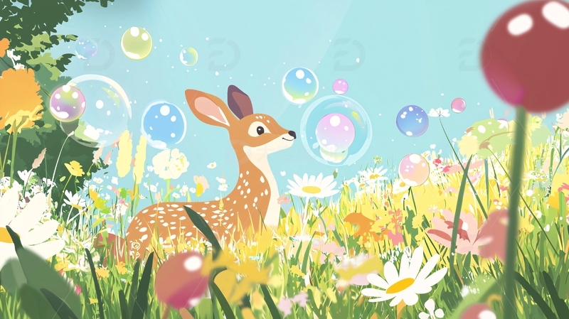 小鹿在花海中玩耍