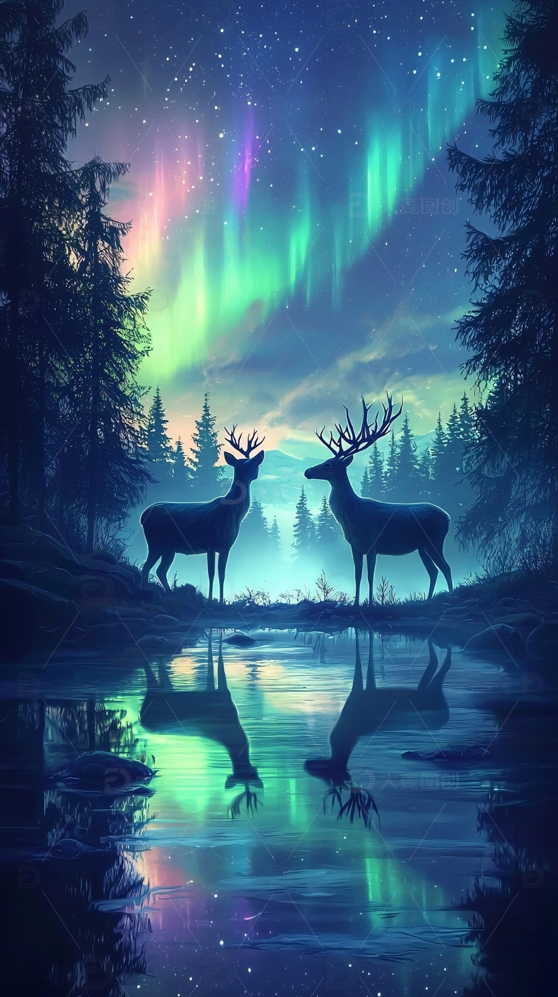 高清大图下载【趣麦麦图】极光下两头鹿的倒影
