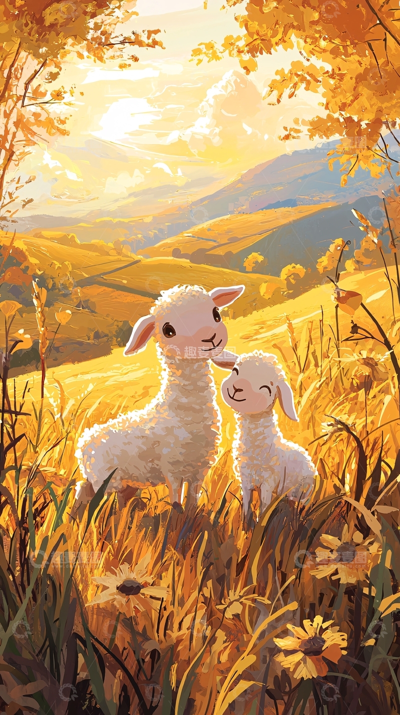 高清大图下载【趣麦麦图】秋日田园两绵羊温馨图