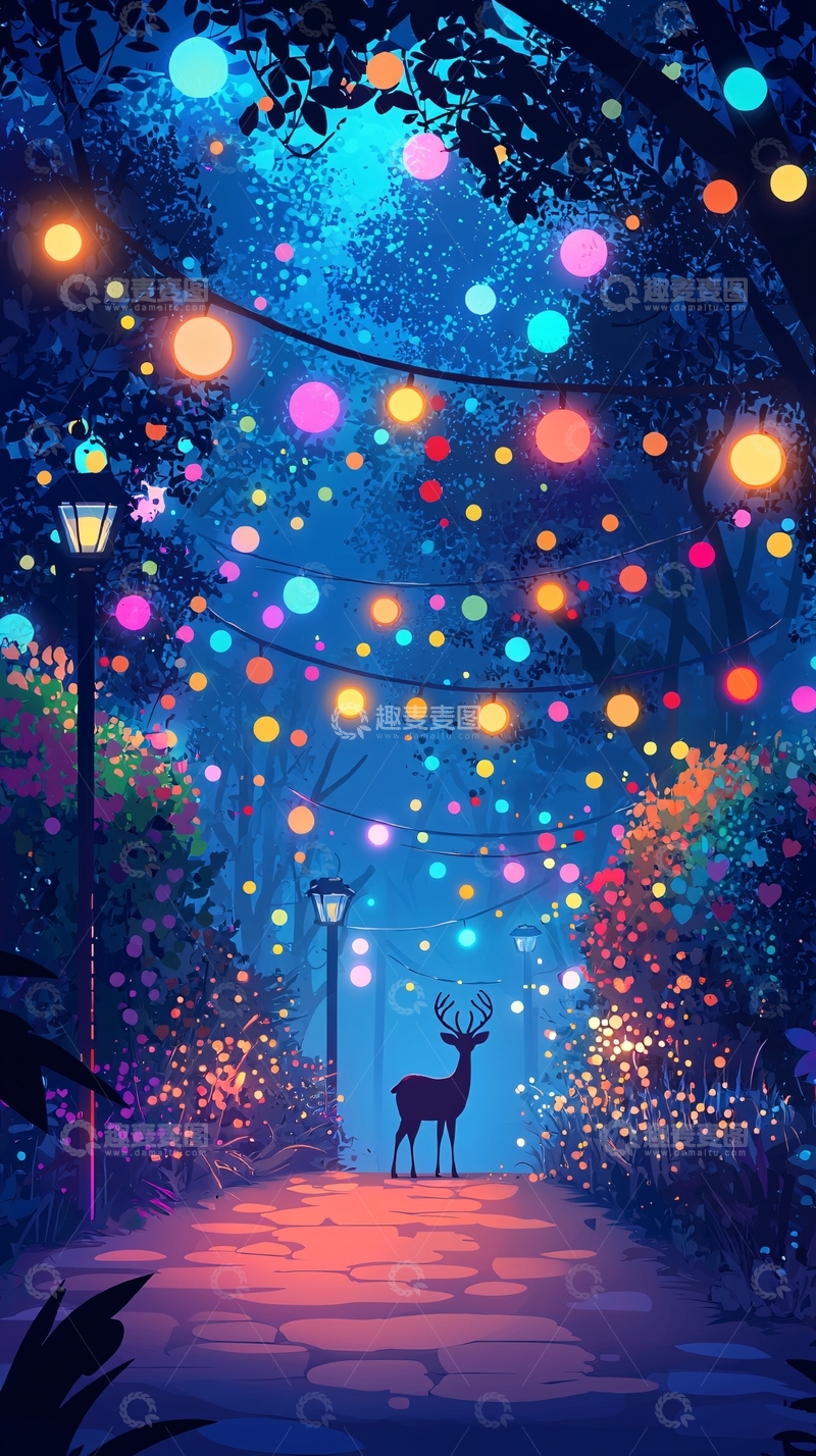 高清大图下载【趣麦麦图】梦幻森林小路灯光鹿