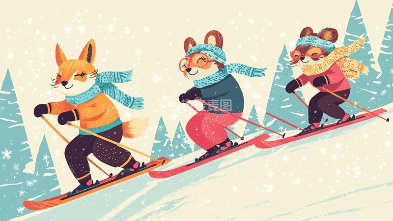 高清大图下载【趣麦麦图】卡通动物滑雪