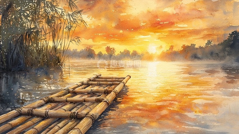 高清大图下载【趣麦麦图】日落竹筏