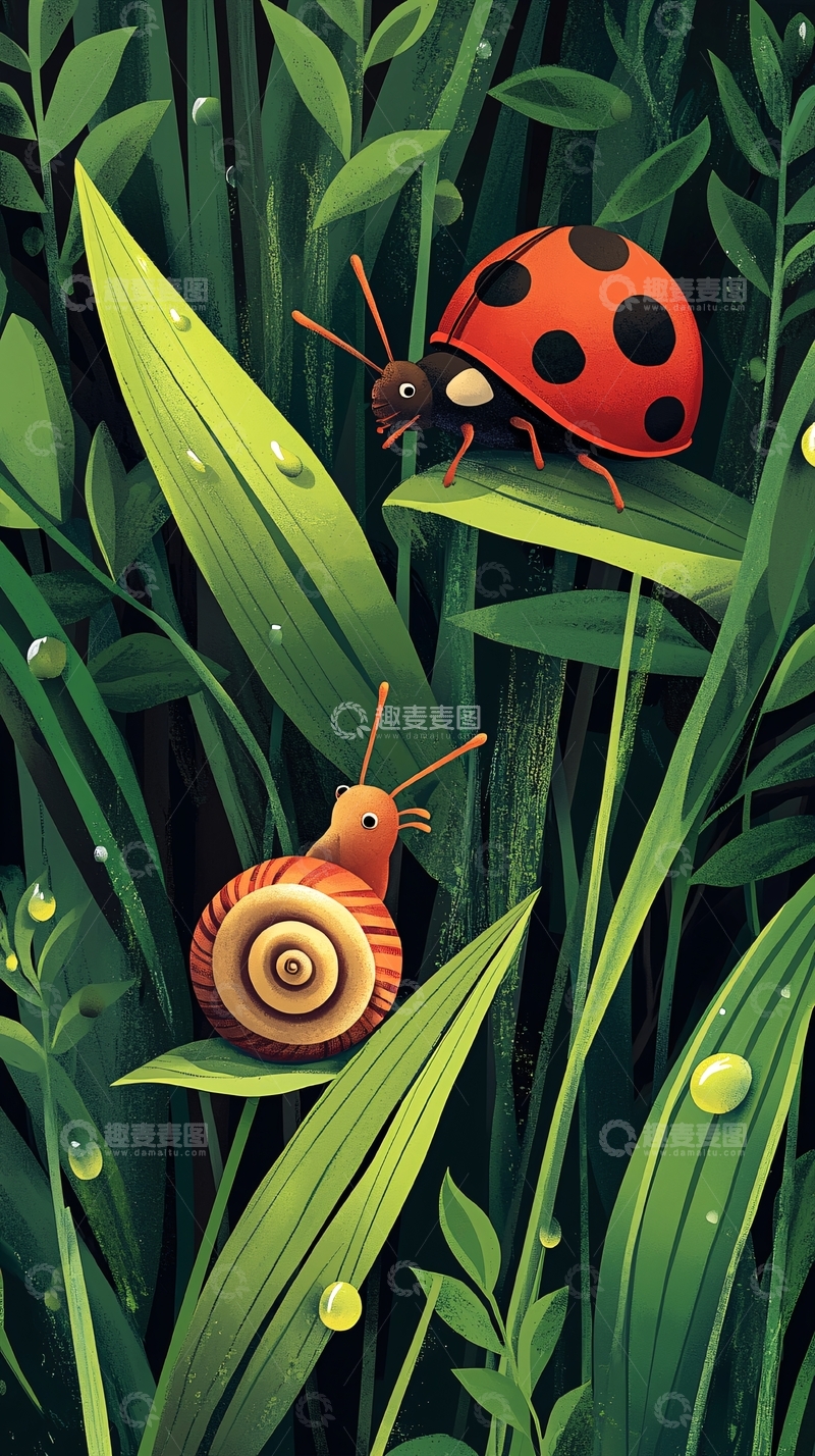 高清大图下载【趣麦麦图】手绘风格瓢虫蜗牛