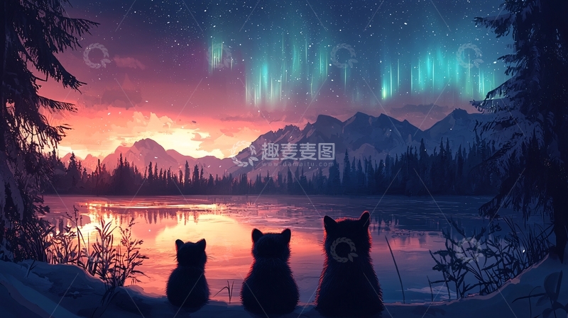 高清大图下载【趣麦麦图】极光下三只猫湖边观景