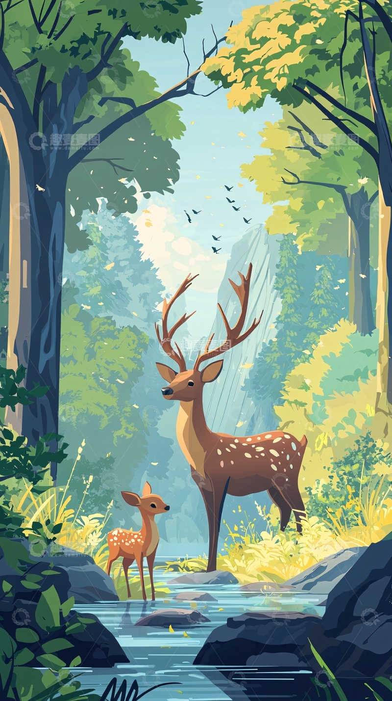 高清大图下载【趣麦麦图】森林鹿溪流