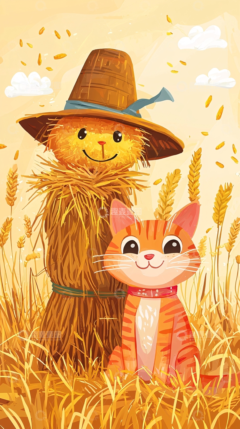 高清大图下载【趣麦麦图】稻草人与猫咪秋日田园
