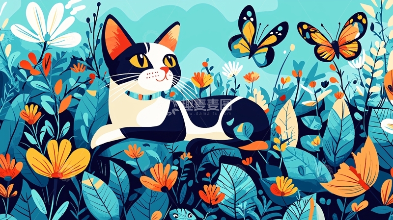 高清大图下载【趣麦麦图】猫咪花丛蝴蝶