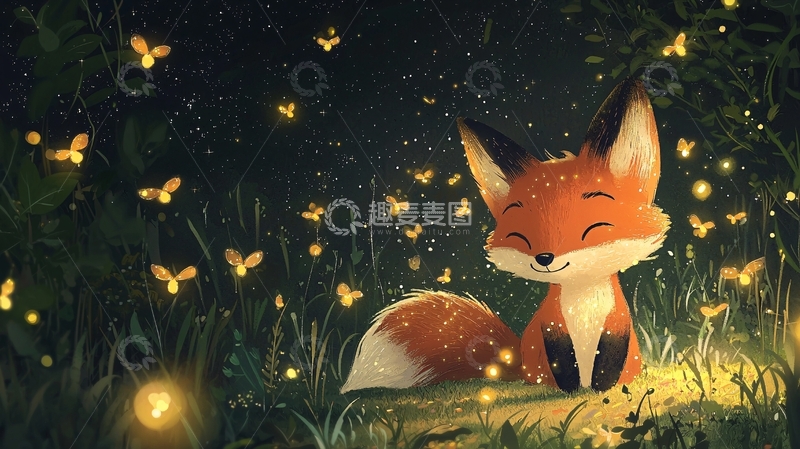 高清大图下载【趣麦麦图】可爱小狐狸萤火虫夜晚