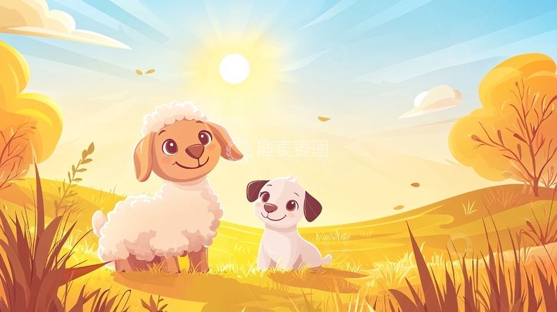 高清大图下载【趣麦麦图】卡通小羊小狗田园风光