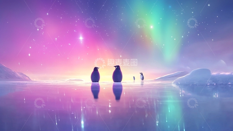 高清大图下载【趣麦麦图】极光下企鹅剪影