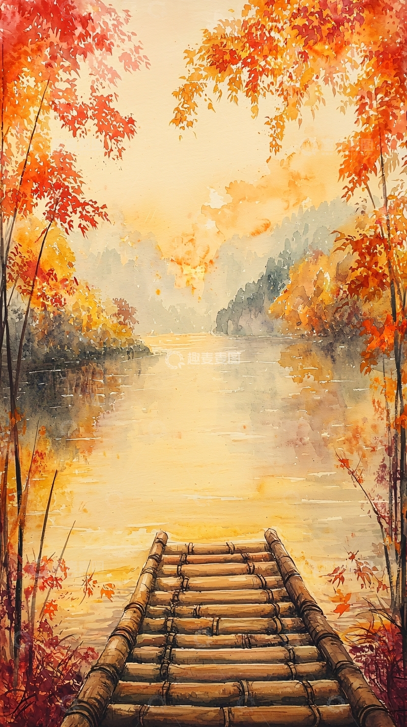 高清大图下载【趣麦麦图】秋日湖边竹桥风景