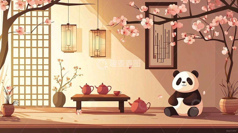 高清大图下载【趣麦麦图】春日熊猫茶室