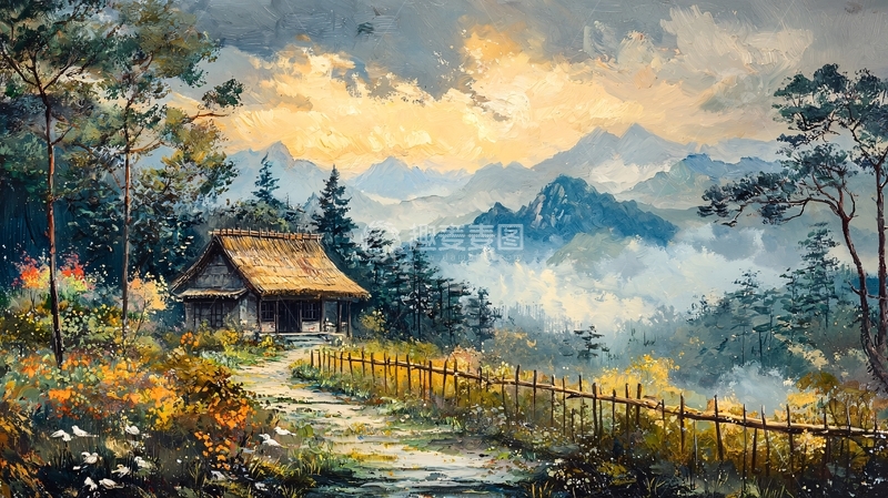 高清大图下载【趣麦麦图】山间小屋风景画