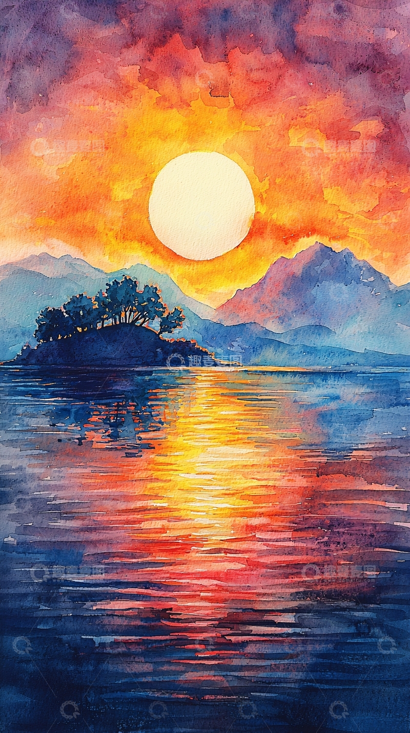 高清大图下载【趣麦麦图】水彩画日落岛屿