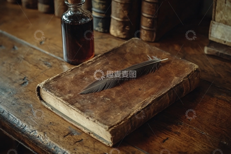 高清大图下载【趣麦麦图】复古书桌上的书与羽毛笔