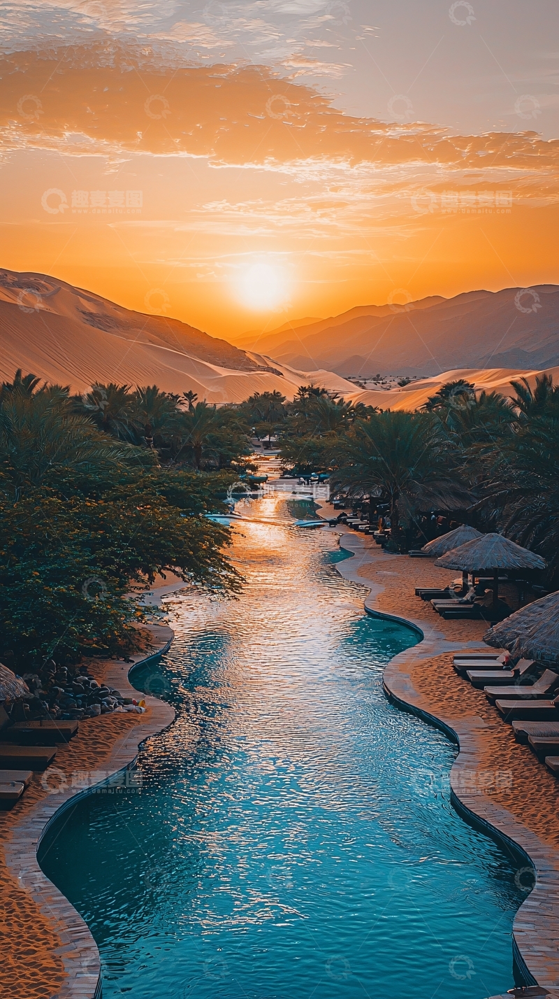 高清大图下载【趣麦麦图】沙漠绿洲泳池日落