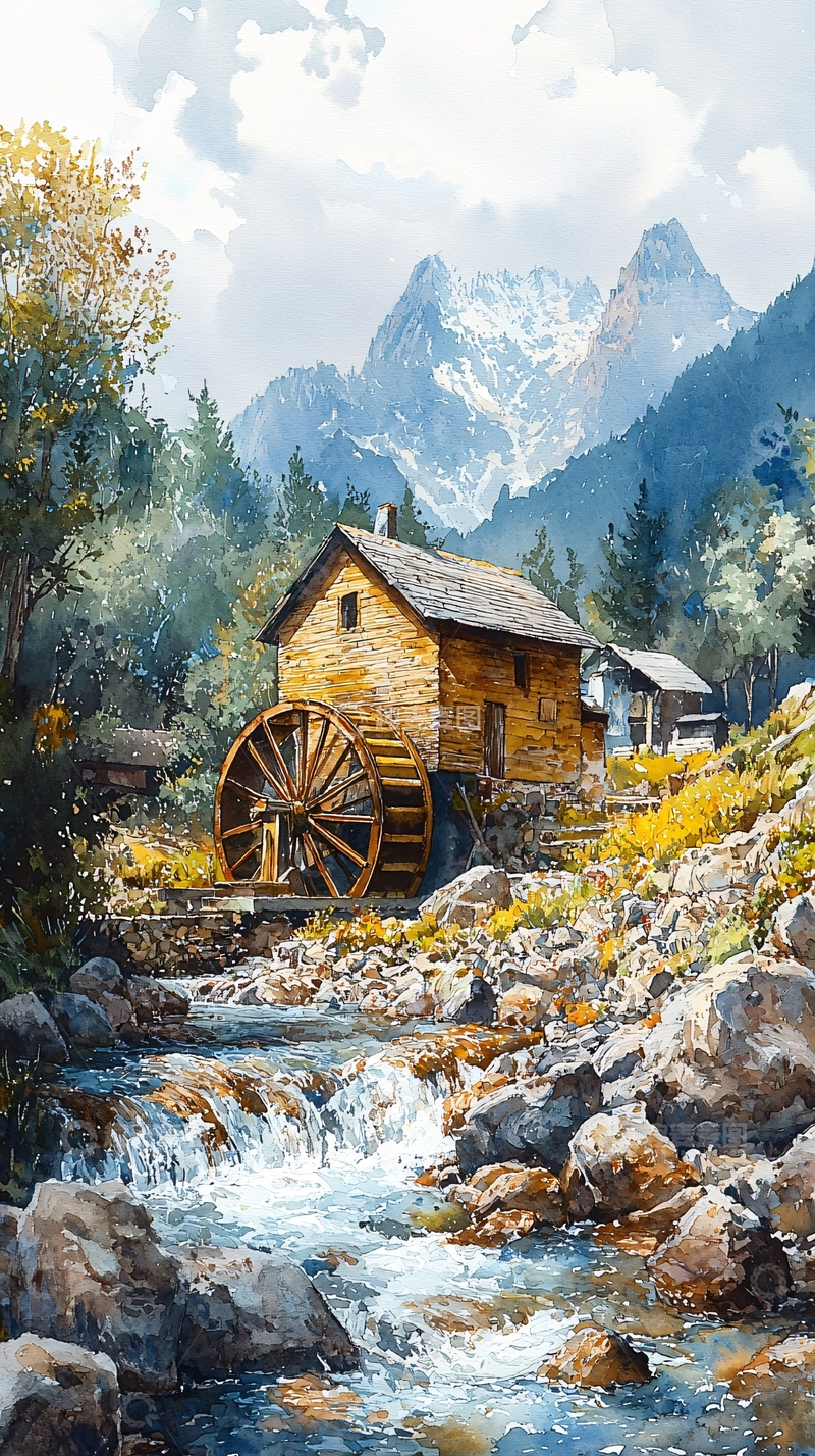 高清大图下载【趣麦麦图】水车小屋依山傍水风景