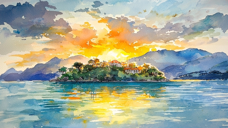 高清大图下载【趣麦麦图】水彩夕阳湖泊小岛