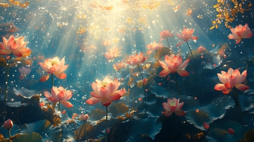 光线透过水面照射粉色睡莲