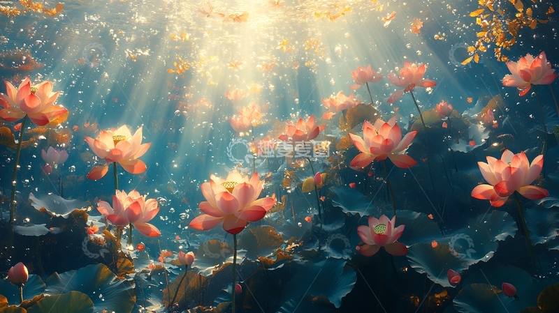 高清大图下载【趣麦麦图】光线透过水面照射粉色睡莲