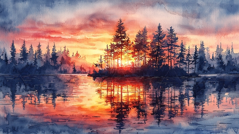 高清大图下载【趣麦麦图】水彩夕阳森林湖泊