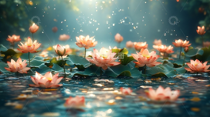 高清大图下载【趣麦麦图】梦幻般粉色莲花池塘
