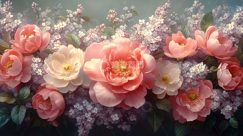 高清大图下载【趣麦麦图】粉嫩牡丹与紫丁香花束