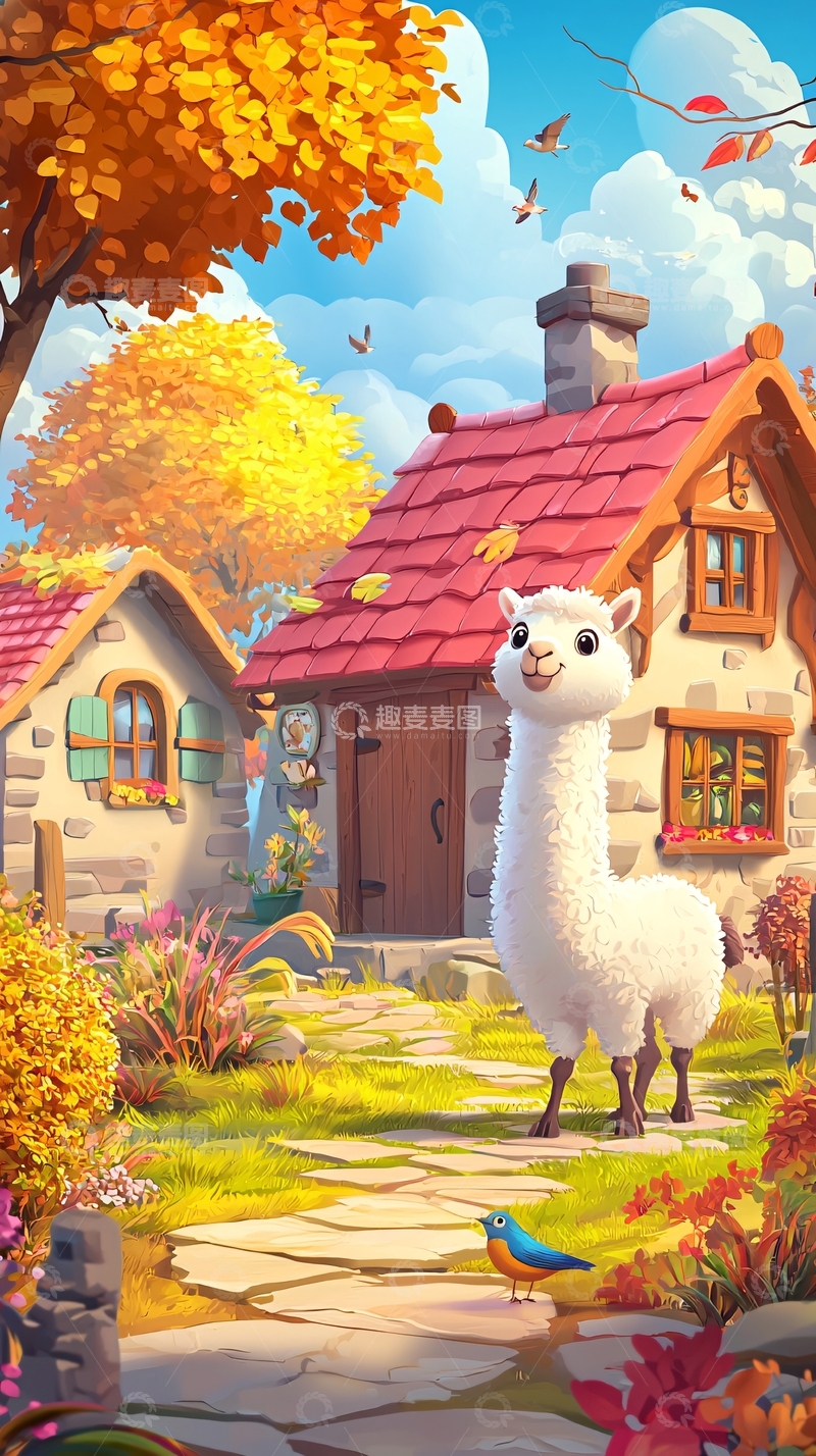 高清大图下载【趣麦麦图】秋日乡间小屋里的羊驼