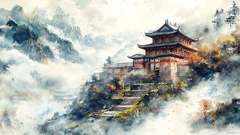 高清大图下载【趣麦麦图】山顶云雾缭绕的寺庙