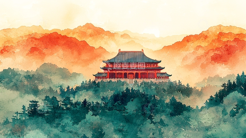 高清大图下载【趣麦麦图】山峦夕阳下的古建筑