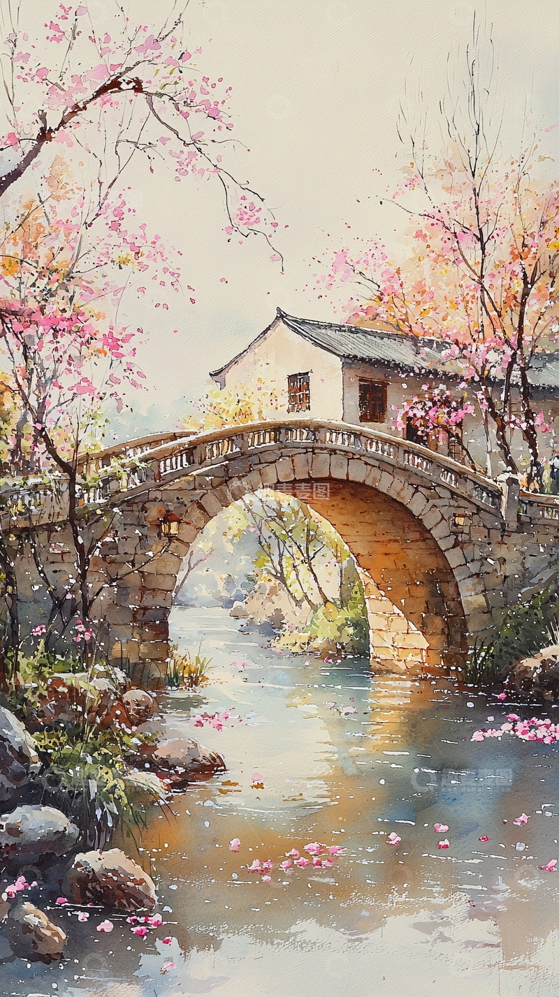 高清大图下载【趣麦麦图】古桥流水樱花