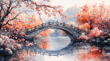 水彩风格的桥与花