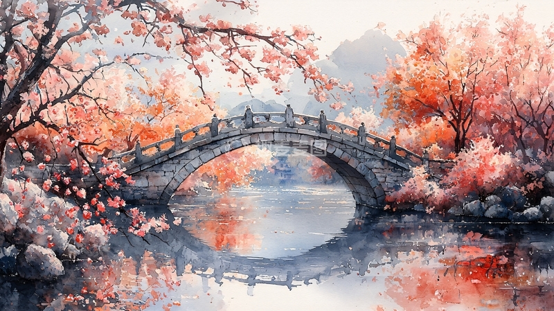 高清大图下载【趣麦麦图】水彩风格的桥与花