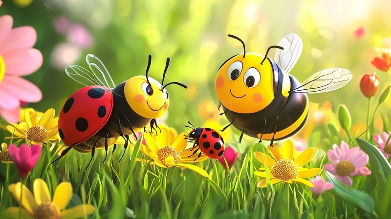 卡通蜜蜂瓢虫花朵