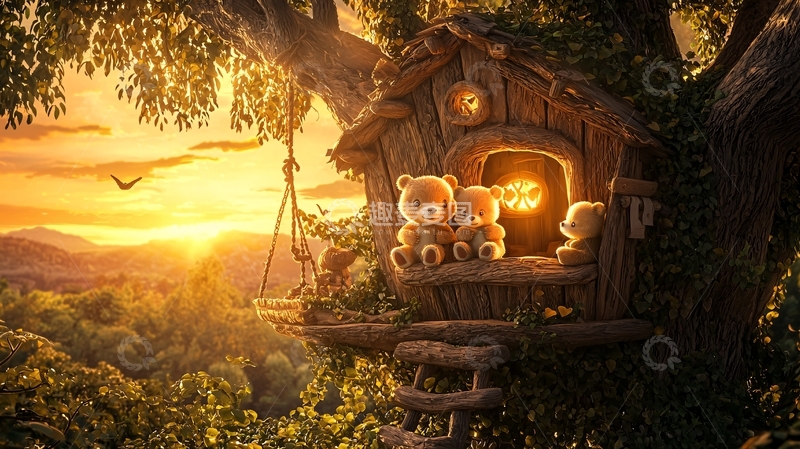 高清大图下载【趣麦麦图】树屋里的玩具熊黄昏日落