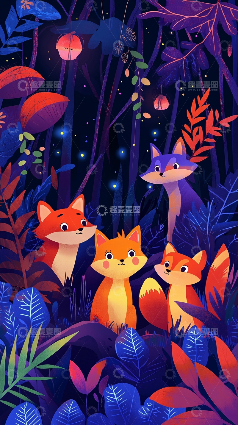 高清大图下载【趣麦麦图】夜晚森林里的小狐狸