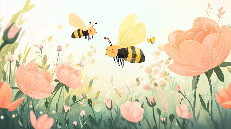 高清大图下载【趣麦麦图】蜜蜂采蜜花田图