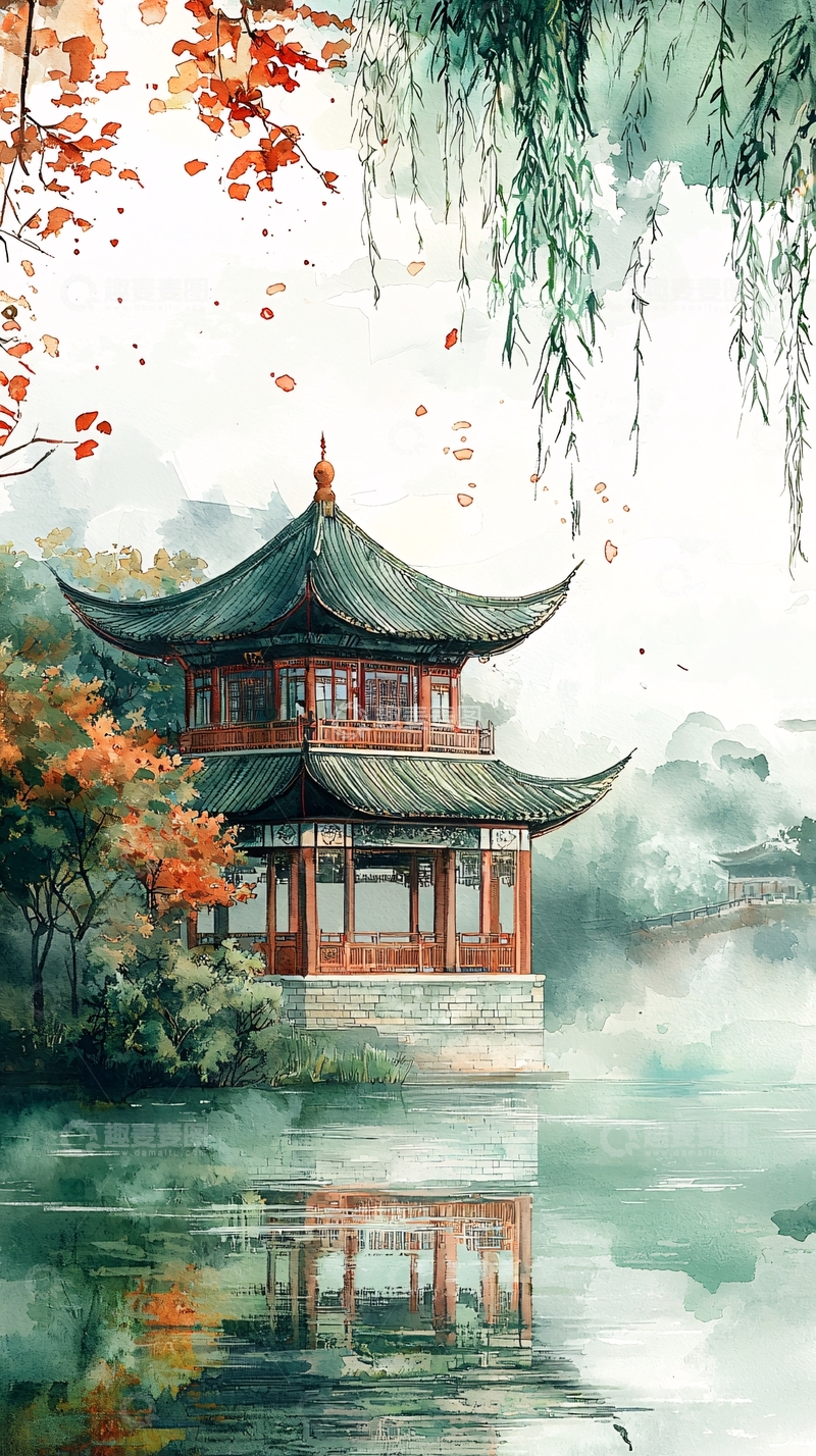 高清大图下载【趣麦麦图】水墨风亭台楼阁秋景