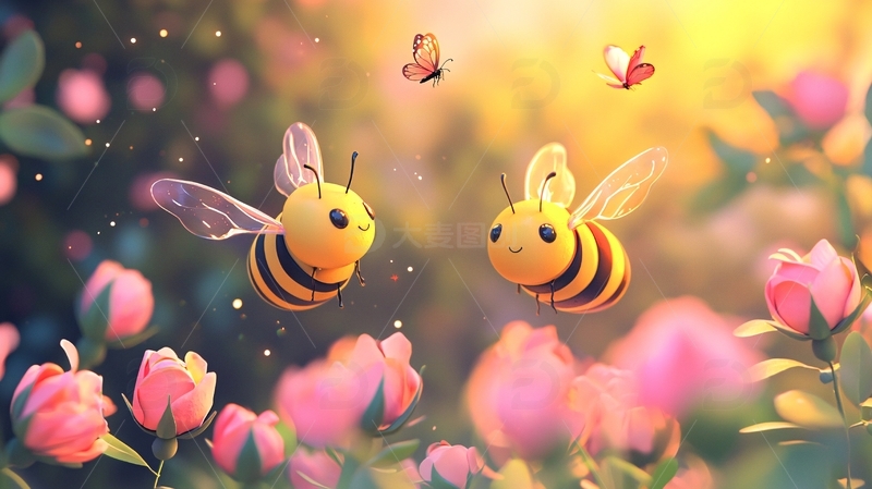 可爱蜜蜂花丛图