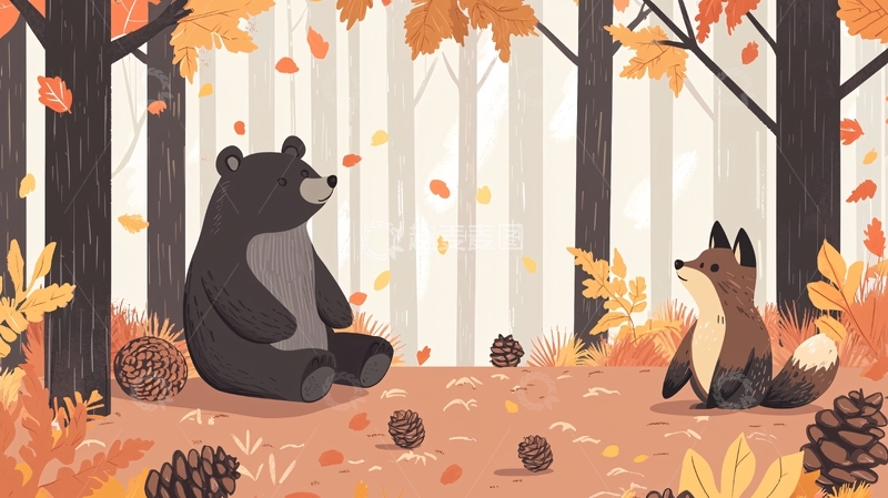 高清大图下载【趣麦麦图】秋天森林熊狐狸