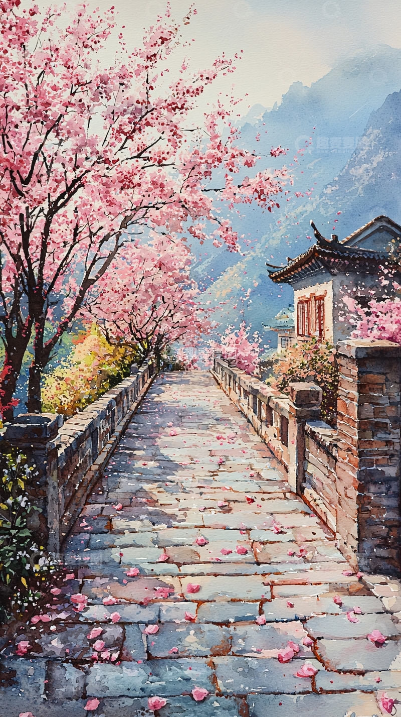 高清大图下载【趣麦麦图】水彩樱花小镇