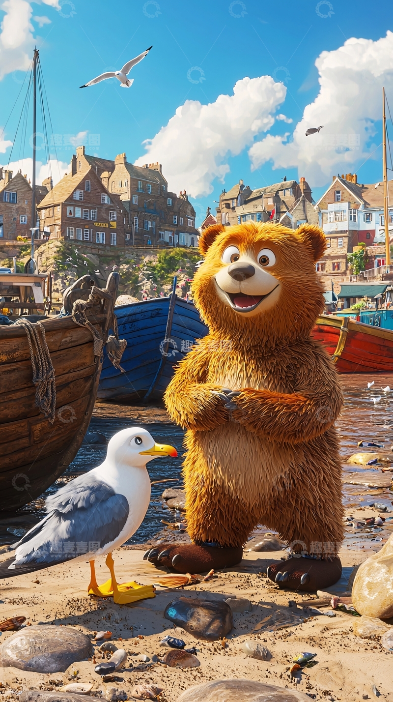高清大图下载【趣麦麦图】卡通熊海边