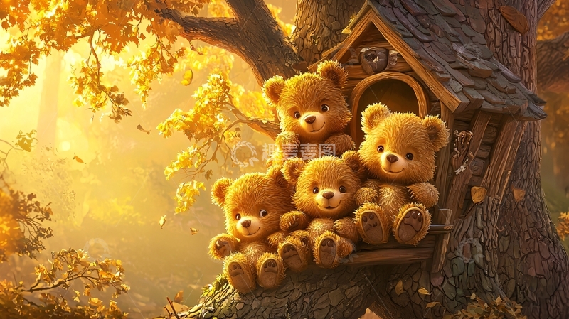 高清大图下载【趣麦麦图】秋日暖阳下树洞里的泰迪熊